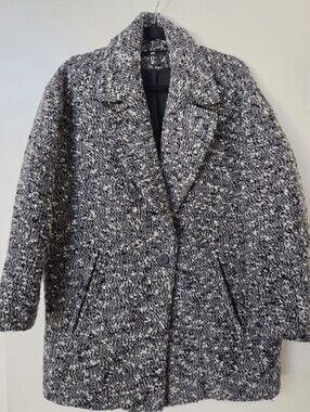 H&M Black & White Bouclé Oversized Coat - Single Button, Size 10